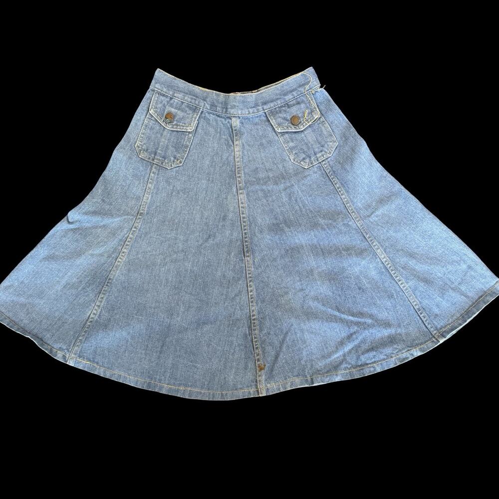 Vintage 1970s Denim A-Line Skirt Button Pocket High Waist Size 14
